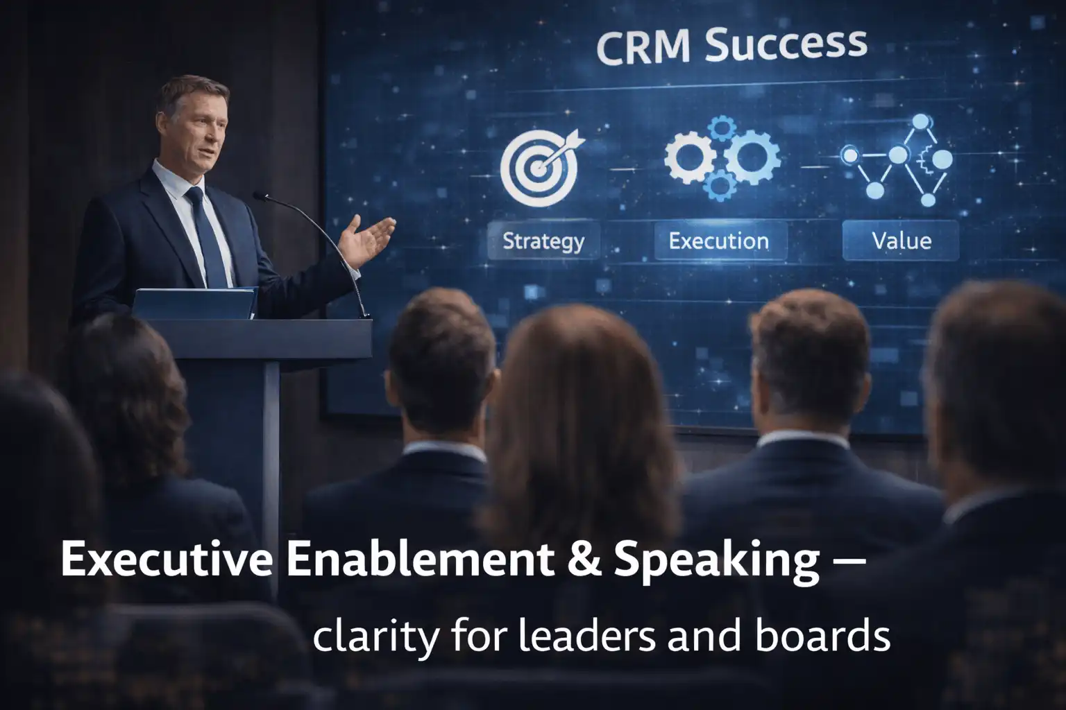 Advisor presenting to a group, illustrating capability building and decision enablement.