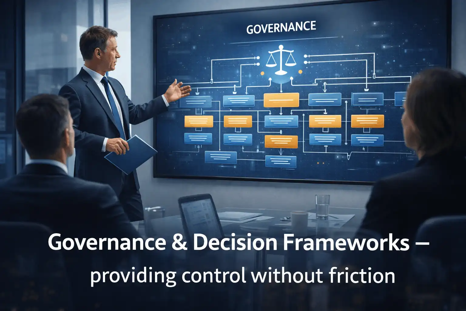 Leadership team reviewing governance frameworks to support accountable and consistent CRM decisions.