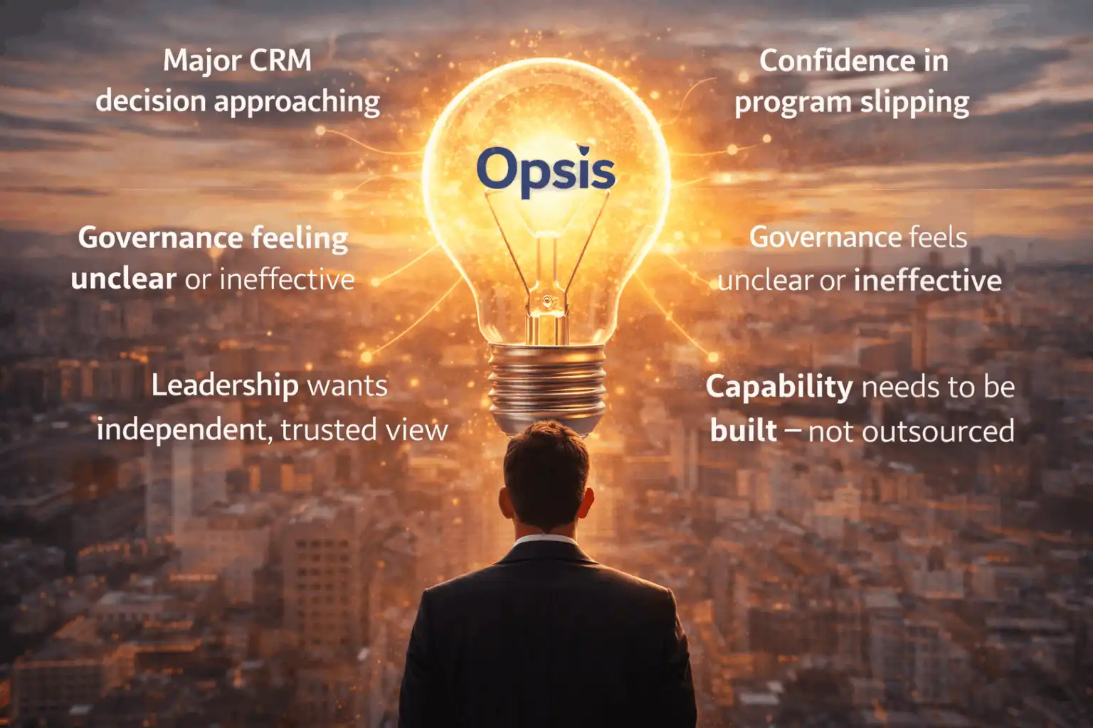 Leader facing a city skyline with a glowing lightbulb, symbolising clarity, independent judgement, and confident CRM decision-making.